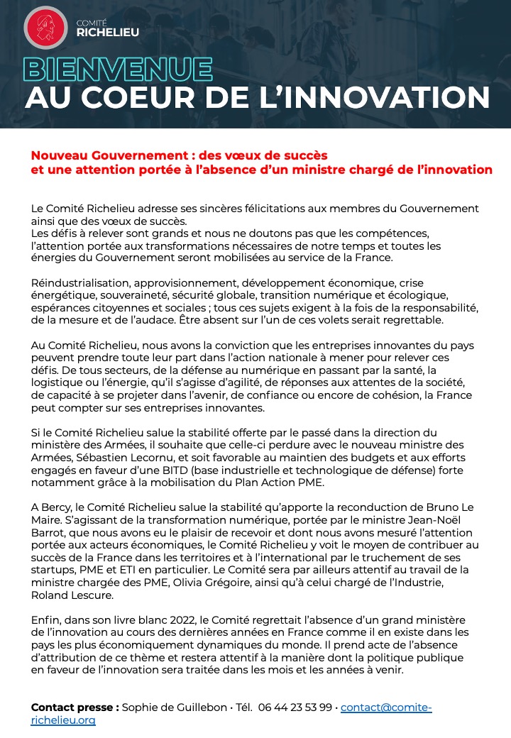 🗣 Suite à la mise en place du nouveau <a href="/gouvernementFR/">Gouvernement</a>, le Comité Richelieu lui souhaite tous ses vœux de succès et apporte une attention particulière à l’absence d’un ministre chargé de l’#innovation 👇🏻