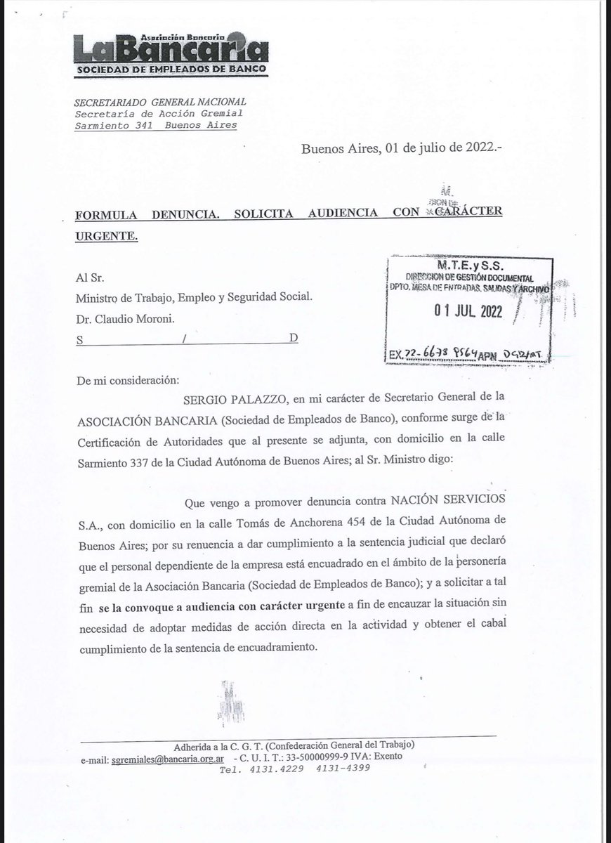 SergioOPalazzo's tweet photo. Denuncia al Ministerio de Trabajo pidiendo audiencia para el cumplimiento de la sentencia sobre Nacion Servicios. https://t.co/CqyuuAZOzv