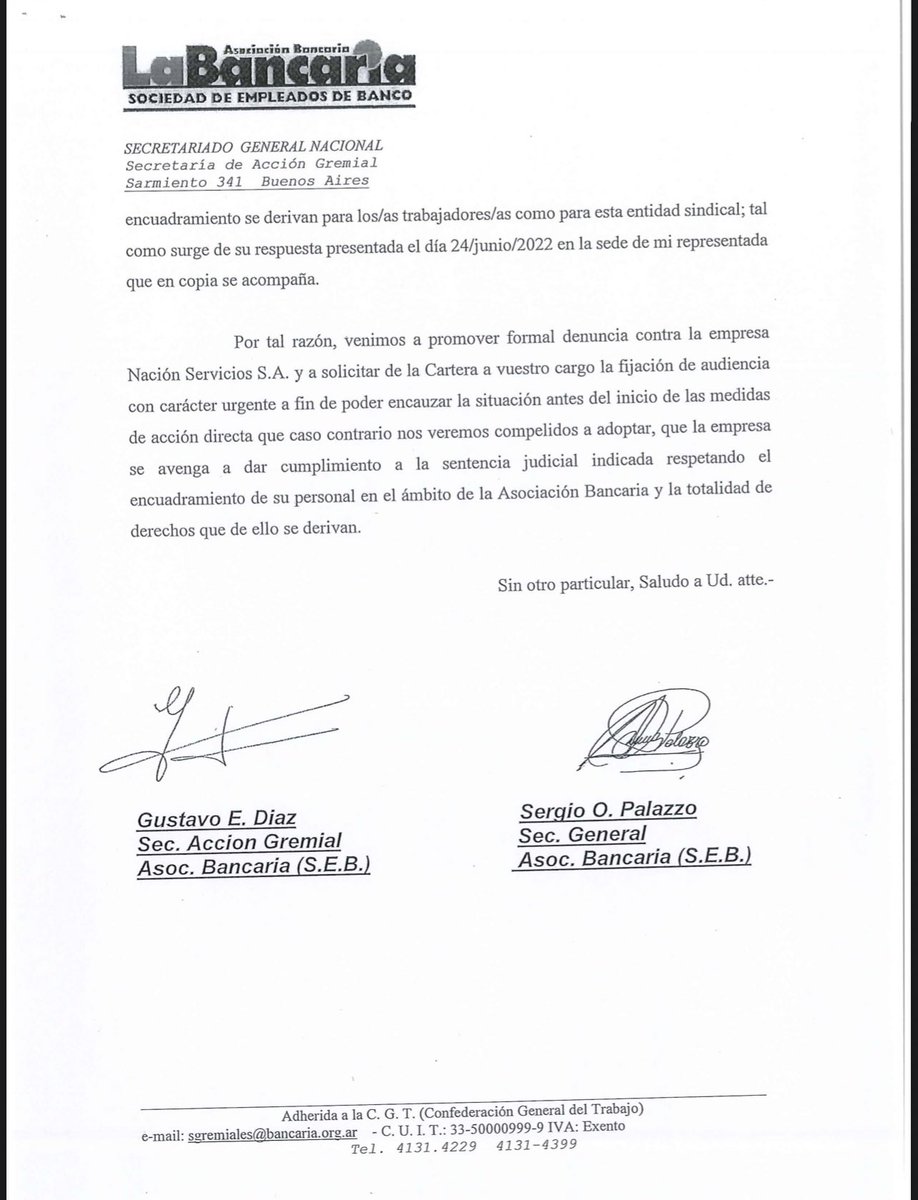 Denuncia al Ministerio de Trabajo pidiendo audiencia para el cumplimiento de la sentencia sobre Nacion Servicios.