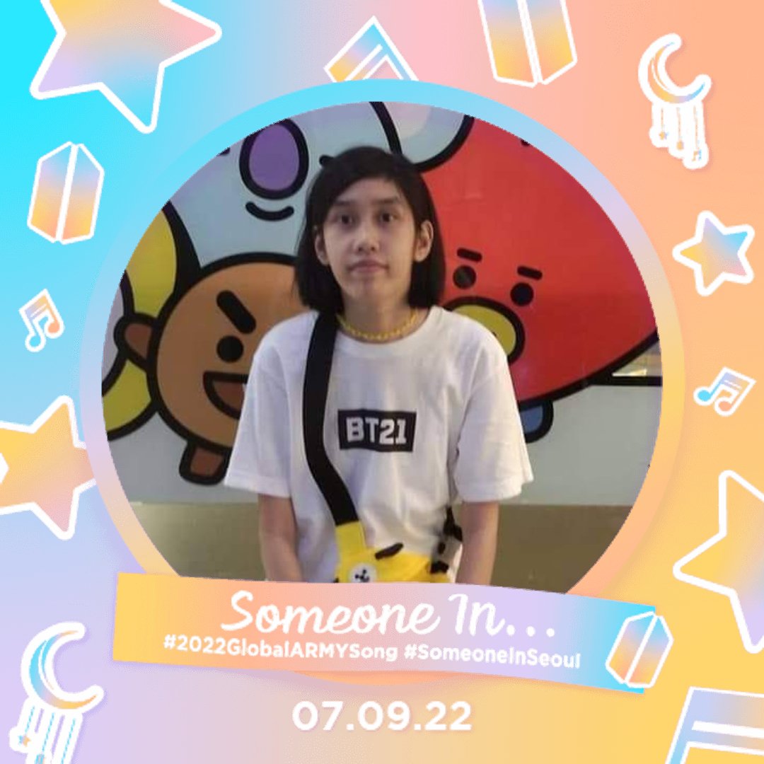 Hello ARMYs!💜
I'm Sellene Kaye from 🇵🇭 honored to be part of The #2022GlobalARMYSong . I will be your friend, someone you can celebrate with on July 9th with the release of #SomeoneInSeoul. Celebrate BTS & ARMYs 9th anniversary by using this twibbon 
🔗: twb.nz/tgasp2022