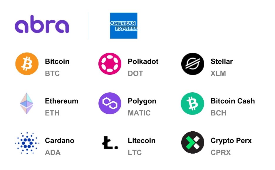 #ETO15 #ビットコイン #イーサリアム
#仮想通貨 #AMEX #Bitcoin #Ethereum #Cardano #Polkadot #Polygon #Stellar

アメリカンエクスプレスは仮想通貨取引サービスおよびウォレットを提供するAbraと提携する形で仮想通貨還元のクレジットカードを発行する

Abra / San Francisco / Financial Services