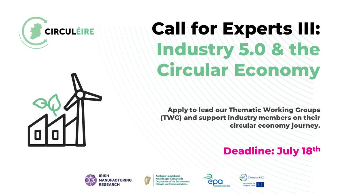Are you a #CircularEconomy & #AdvancedTechnologies expert? Thinking of applying to lead CIRCULÉIRE’s Working Group on ‘Industry 5.0 & the CE’? Contact us (circuleire@imr.ie) w/ your questions by 12/Jul! 

👉Details about the role and how to apply here: lnkd.in/gCmn3szW