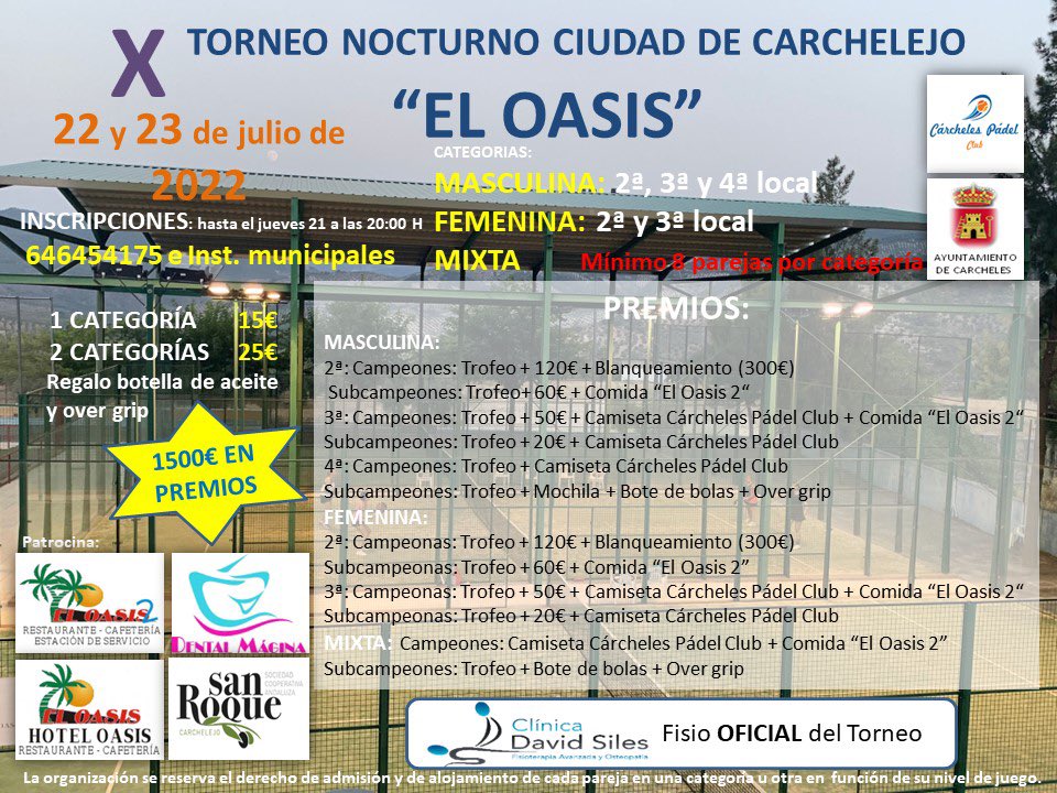 X Edición de nuestro Torneo Nocturno en Carchelejo “El Oasis”. Se pasan los años rapidísimo pero da gusto ver como esta cada año más fuerte. A disfrutar!! 22 y 23 de julio <a href="/AytoCarcheles/">Ayto. de Cárcheles</a> #eloasis #eloasis2 #dentalmagina <a href="/SCASanRoque/">SCASanRoque</a> #clinicadavidsiles