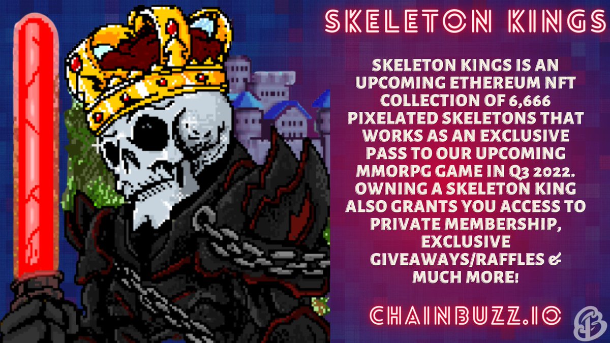 Chainbuzz_'s tweet image. 6,666 @Skeletonkings_ risen from the dead in the Ethereum network - with an upcoming MMORPG game.

Follow &amp;amp; Support 
@Chainbuzz_
 
RT &amp;amp; Tag your Friends.

#NFTs #NFTCommmunity #NFTdrop #nftcollectors #NFTArts #Ethereum #NFTCommunity #nftbuyers #NFTProject