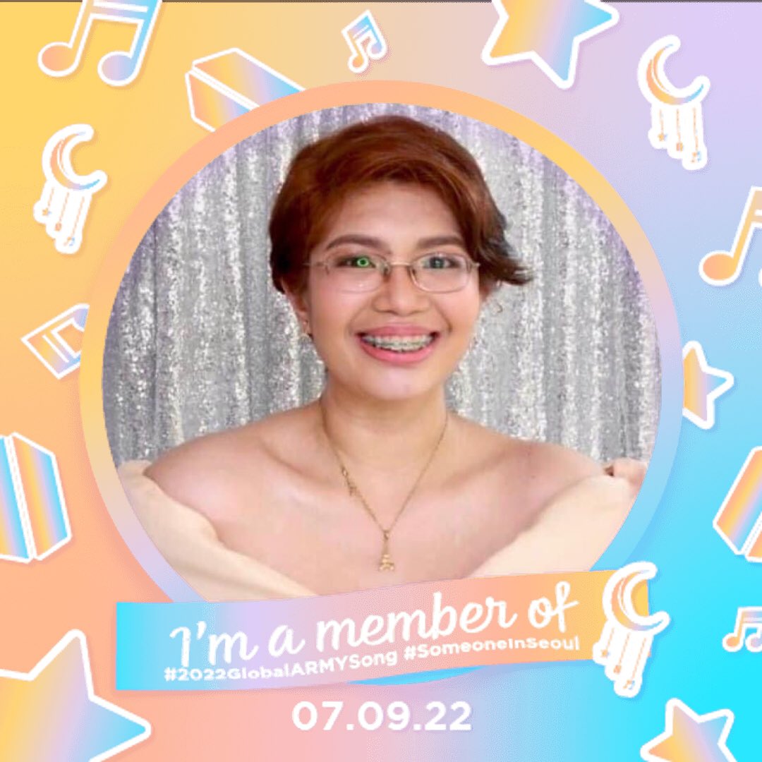 Hello ARMYs!💜
I'm Patricia from 🇵🇭🇵🇭🇵🇭! honored to be part of The #2022GlobalARMYSong . I will be your friend, someone you can celebrate with on July 9th with the release of #SomeoneInSeoul. Celebrate BTS & ARMYs 9th anniversary by using this twibbon 
🔗: twb.nz/tgasp2022