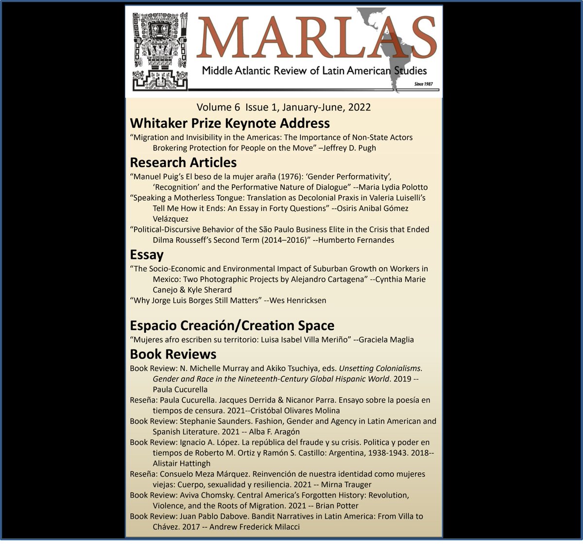Just published: New issue of MARLAS, vol. 6 no. 1 (June 2022)
Check out the articles, essays, Whitaker Prize keynote address, Creation space, and book reviews: marlasjournal.com/24/volume/6/is…
Published open access by <a href="/MaclasOrg/">MACLAS</a> on @LARC_LASA.