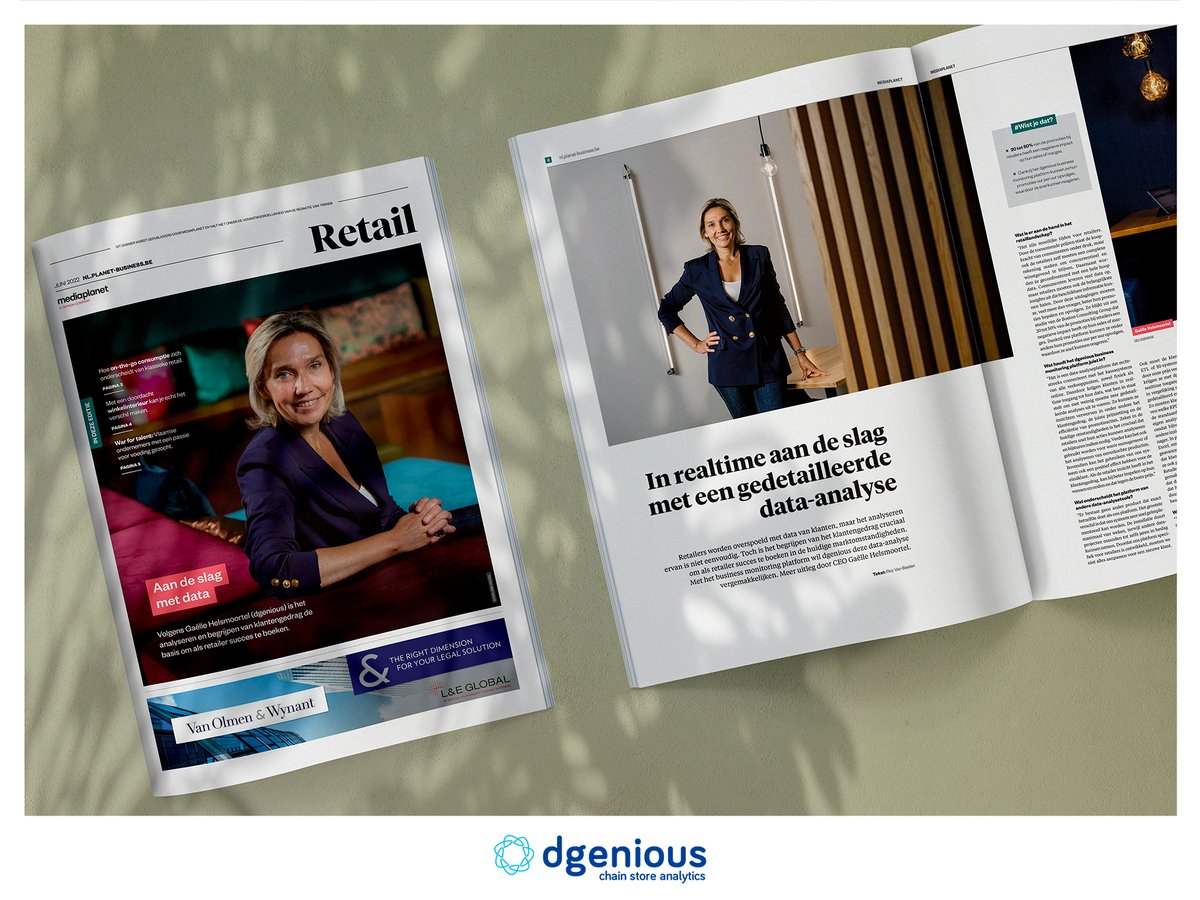 [Dans la presse cette semaine😎]
dgenious représenté par notre CEO, Gaelle Helsmoortel, fait la couverture du supplément du Trends dédié au Retail. <a href="/MediaplanetBE/">Mediaplanet Belgium</a>
👍 Une superbe mise en lumière de notre plateforme de business monitoring data ➡️ eu1.hubs.ly/H01d-XY0