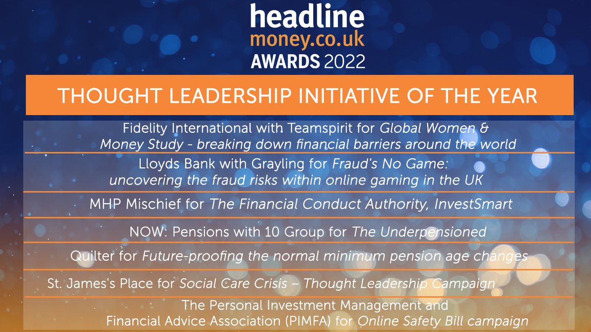 Headlinemoney (@headlinemoney_) on Twitter photo Hereβs another look at the shortlist for Thought Leadership Initiative of the Year π
<a href="/Fidelity_UK/">Fidelity UK</a> with <a href="/TeamspiritGroup/">Teamspirit Group</a>,
<a href="/LloydsBank/">Lloyds</a> with <a href="/GraylingUK/">Grayling UK</a>,
@MHPC for <a href="/TheFCA/">Financial Conduct Authority</a>,
<a href="/nowpensions/">now:pensions</a> with <a href="/The10Group/">The 10 Group</a>,
<a href="/Quilter/">Quilter</a>,
<a href="/sjpwealth/">St. James's Place</a> &
<a href="/PIMFA_UK/">PIMFA</a> π
bit.ly/3P6tzNv
#HMAwards22 Hereβs another look at the shortlist for Thought Leadership Initiative of the Year π
<a href="/Fidelity_UK/">Fidelity UK</a> with <a href="/TeamspiritGroup/">Teamspirit Group</a>,
<a href="/LloydsBank/">Lloyds</a> with <a href="/GraylingUK/">Grayling UK</a>,
@MHPC for <a href="/TheFCA/">Financial Conduct Authority</a>,
<a href="/nowpensions/">now:pensions</a> with <a href="/The10Group/">The 10 Group</a>,
<a href="/Quilter/">Quilter</a>,
<a href="/sjpwealth/">St. James's Place</a> &
<a href="/PIMFA_UK/">PIMFA</a> π
bit.ly/3P6tzNv
#HMAwards22