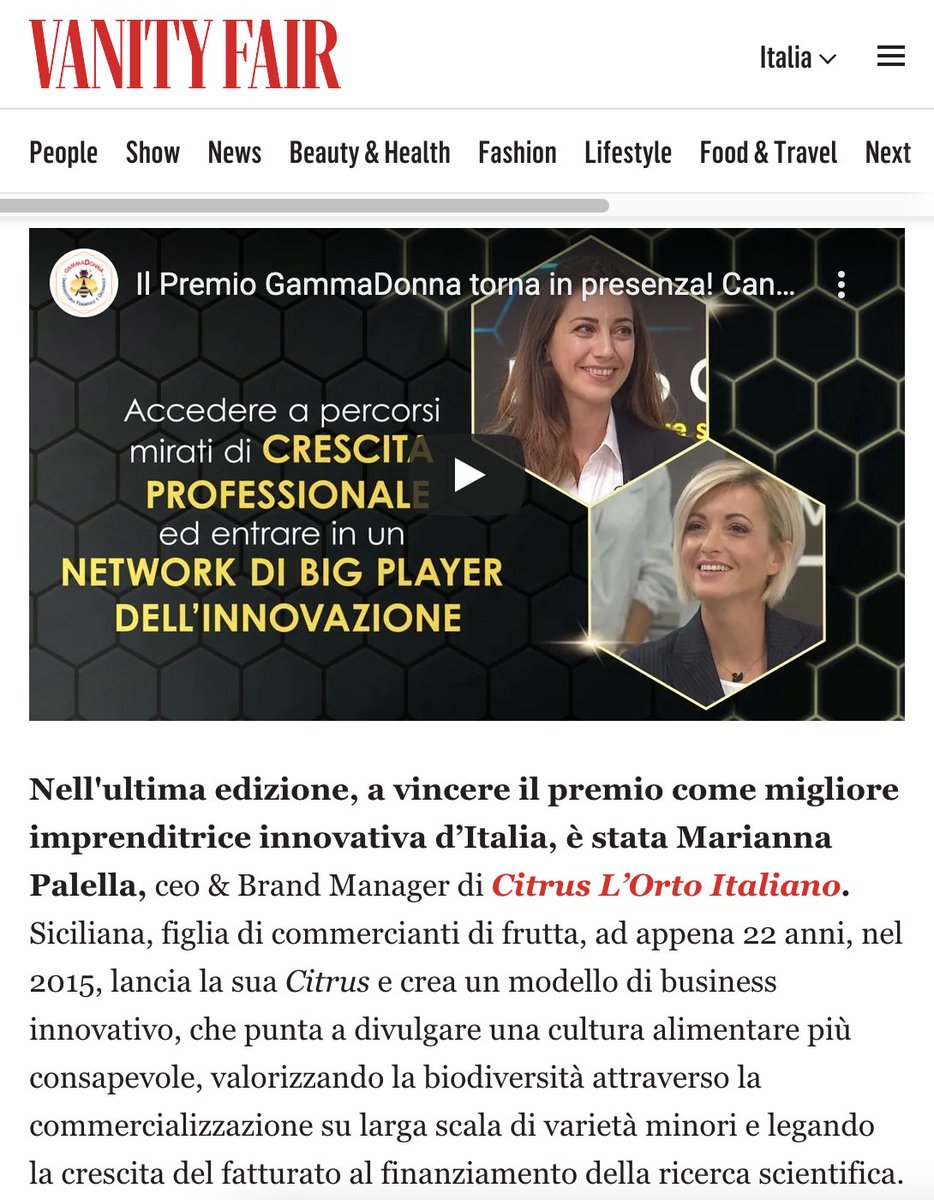 Le storie vincenti delle #imprenditrici più innovative: anche su <a href="/VanityFairIt/">Vanity Fair Italia</a> torna il #PremioGammaDonna x sostenere l'#imprenditoriafemminile.Qui ne parla <a href="/mariannapalella/">Marianna Palella</a> che nel 2021 ha vinto con il modello di business innovativo di <a href="/citrusitalia/">Citrus l'Orto Italia</a>
INFO: gammadonna.it