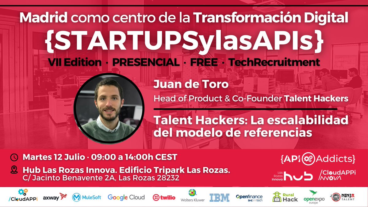 TalentHackersES's tweet photo. ¿Estas preparado para la #TransformaciónDigital? No os perdáis la 7ª del #STARTUPSylasAPIs dónde participará 
@jdetoro91 Head of Product &amp; Co-Founder de #TalentHackers para hablar de la escalabilidad del modelo de #referencias. 
¡No os lo podéis perder!
https://t.co/YQF1jcX6cc https://t.co/l0oBcurWj4