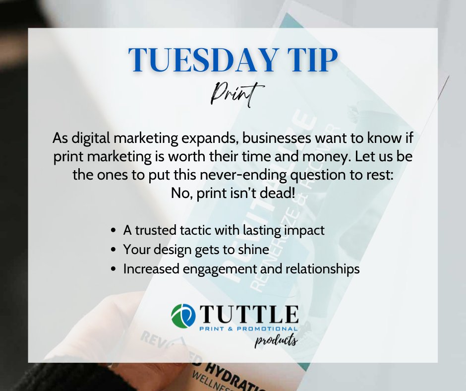 TuttlePrinting's tweet photo. Print is very much alive and is facing a resurgence. Print offers an experience for the senses that the web can’t match, you can smell ink and feel paper. Combine the power of print and digital marketing to get in front of your clients multiple times and let your brand stand out! https://t.co/qZd5kZzOfx