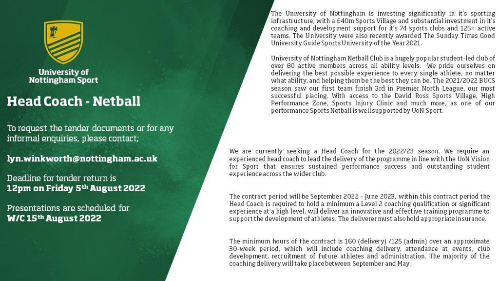 📣 Netball world 📣

 <a href="/UoNSport/">University of Nottingham Sport</a> are in need of a head coach for our programme! 

Details below ⬇️ please share ⬇️