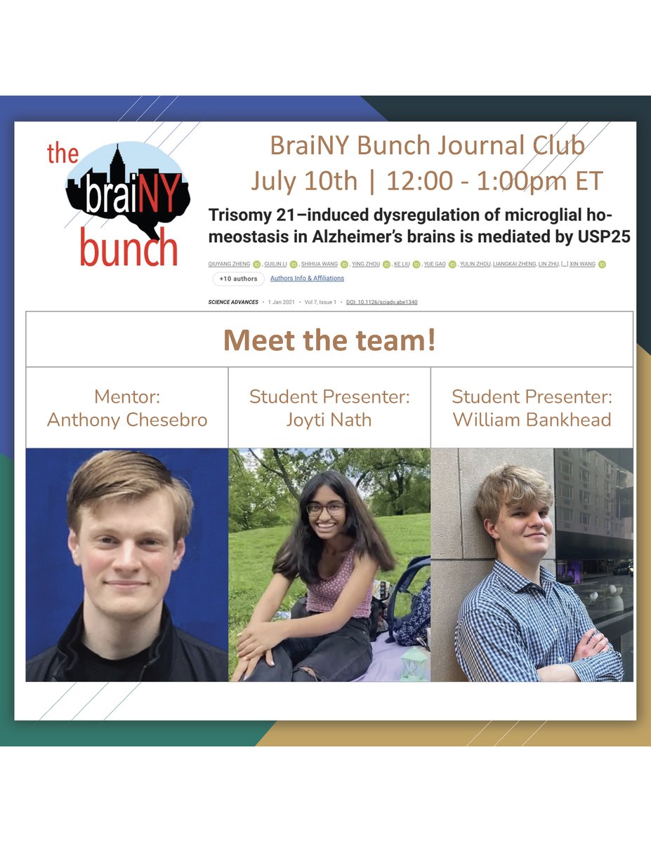 Our next virtual student-led journal club is this Sunday, July 11th from 12-1pm ET!! Our two student presenters were mentored by @Chesebrain and will present about a neuroinflammatory mechanism linking Down Syndrome and Alzheimer's disease.
