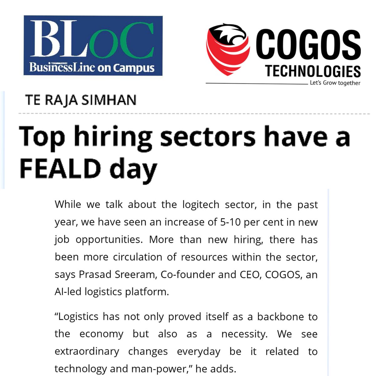 cogostech's tweet image. Read the story by @terajasimhan of @hindu_businessline on active hiring across the sectors of FEALD 

bloncampus.thehindubusinessline.com/engineering/to…

#ThinkLogisticsThinkCOGOS #techinlogistics #logitech #startup #hiring #businessline #saas #india