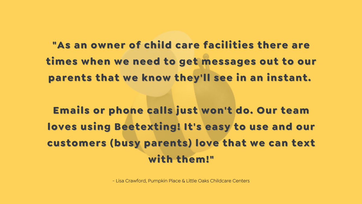 beetextingapp's tweet photo. When customers need to hear from you fast, there is nothing more effective than texting.
For Lisa, texting gives her childcare parents peace of mind that calls and emails can't provide.
#textmessaging #smsservice #childcare #b2b #testemonial https://t.co/juDI4f7sts