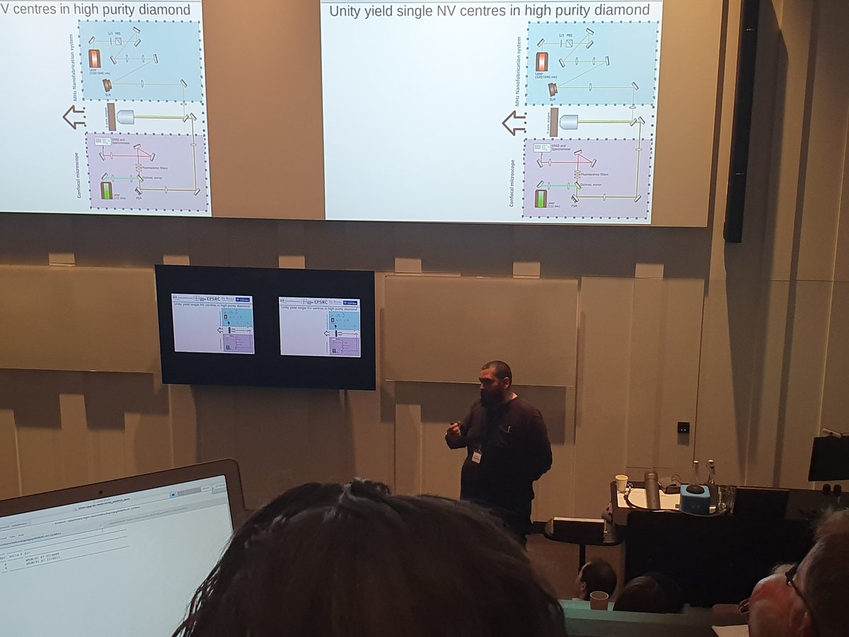 patrickssalter's tweet photo. Fantastic talk by @AKirkpatrickCDT on laser writing of NV defects inside diamond, at the De Beers Diamond conference at Warwick @DopOxford @JasonandthePNG @DiamondCDT https://t.co/TKDT0G39Kp