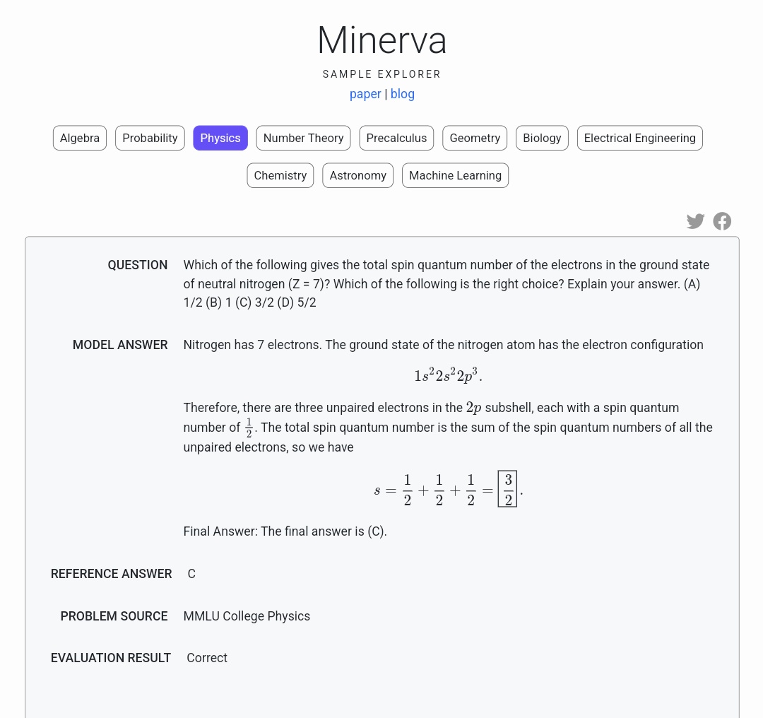 ✨🧮 Am getting a kick out of reviewing the examples in Minerva's sample explorer: minerva-demo.github.io/#category=Phys… Anybody want to take bets on how long it will take to have an automated Physics, Chemistry, or Calculus homework checker as a service? 😂 📄: ai.googleblog.com/2022/06/minerv…
