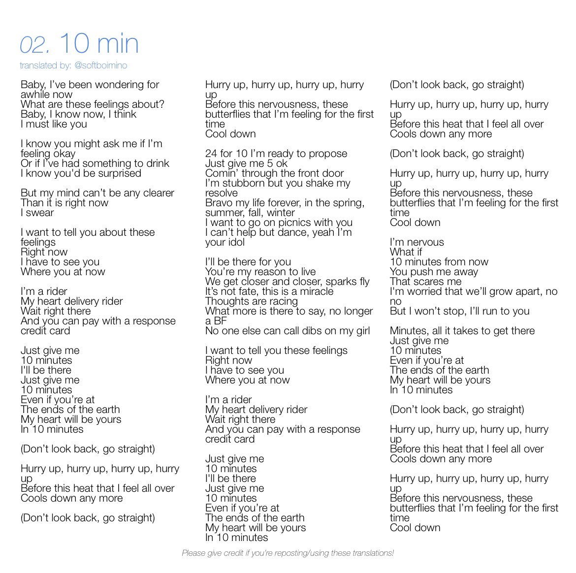 softboimino's tweet photo. ENG lyric translations for WINNER's mini album [HOLIDAY]

track1. i love u
track2. 10 min

#WINNER_HOLIDAY_ILOVEU
#WINNER  #위너 #ILOVEU #10MIN https://t.co/qq5Prm1Ube