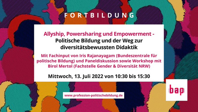 Nicht verpassen! Unsere nächste online-Fortbildungsreihe "Allyship, Powersharing und Empowerment - 
Politische Bildung und der Weg zur diversitätsbewussten Didaktik" schon am 13.07.2022. Seid dabei und teilt gerne weiter! Anmeldung unter: eveeno.com/pbdivers