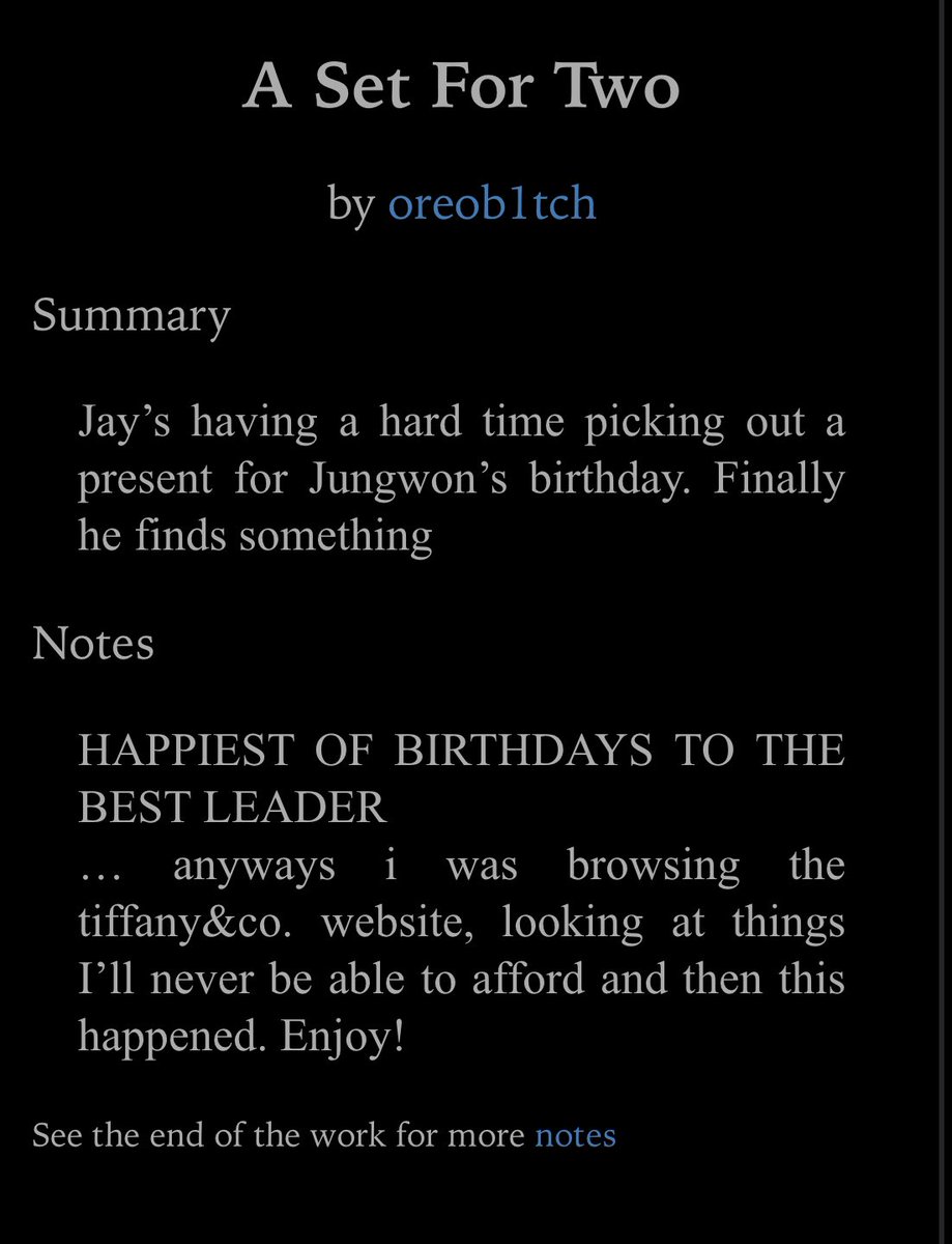 a set for two
✒️ oreob1tch (<a href="/BangXueYang/">⁸¹♡²⁴•Andy•⁴⁴</a>)
⌨️ 3k
🤍☁️ | oneshot, jáy is whipped and rich, jaywon married, jungwon’s birthday celebration, so fluffy im gonna die

this is canon and i refuse to believe otherwise 

link: archiveofourown.org/works/36994579