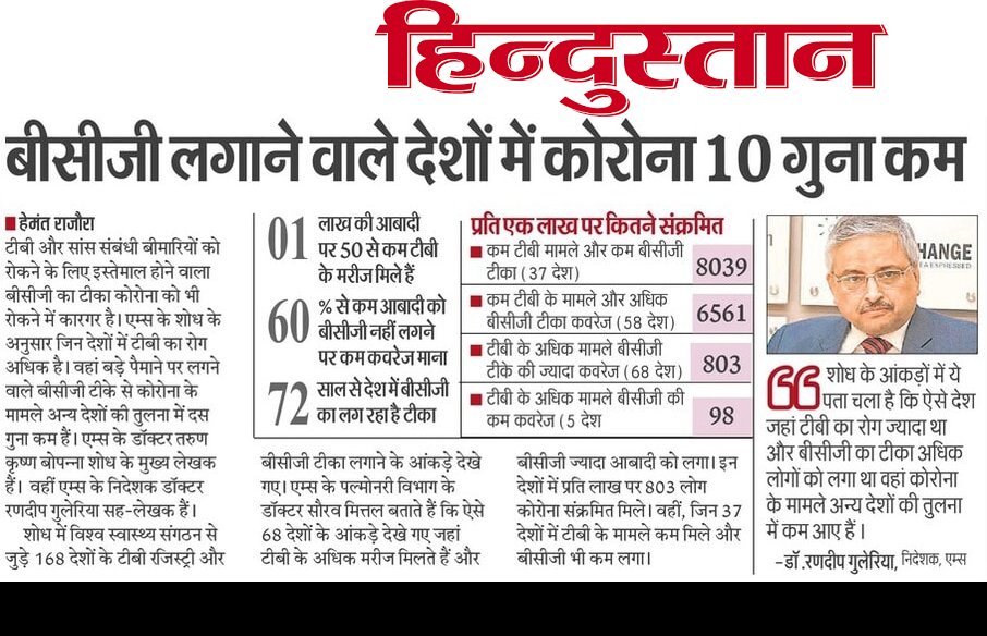 Hemant Rajaura (@hemantrajora_) on Twitter photo जिन देशों में टीबी के मामले अधिक हैं और BCG का टीका लगा लगा है वहां कोरोना के मामले 10 गुना कम आए हैं। एम्स के एक अध्ययन में खुलासा। 168 देशों के आंकड़े निकालकर अध्ययन।
My front page story in Hindustan
<a href="/saurabhmaiims/">Saurabh Mittal</a> जिन देशों में टीबी के मामले अधिक हैं और BCG का टीका लगा लगा है वहां कोरोना के मामले 10 गुना कम आए हैं। एम्स के एक अध्ययन में खुलासा। 168 देशों के आंकड़े निकालकर अध्ययन।
My front page story in Hindustan
<a href="/saurabhmaiims/">Saurabh Mittal</a>