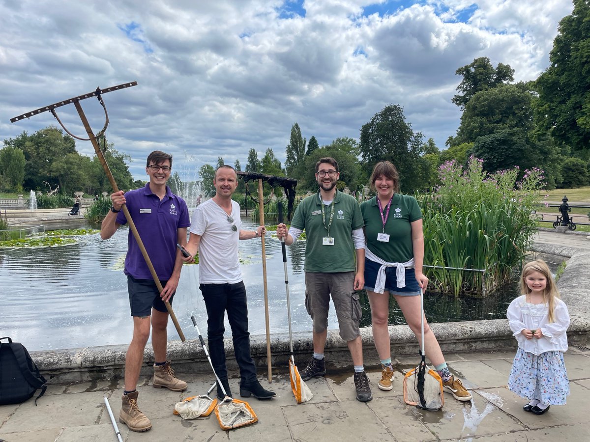 theroyalparks's tweet photo. Raking Bad! 

You never know who you’ll bump into in @theroyalparks. 

Our learning teams today assisted Hollywood star @aaronpaul_8 after his friend accidently dropped a phone into the Italian Gardens in Kensington Gardens. Thankfully it was retrieved before 'Breaking Bad'.... https://t.co/2b7kt5KrXq