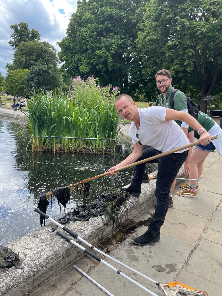 theroyalparks's tweet photo. Raking Bad! 

You never know who you’ll bump into in @theroyalparks. 

Our learning teams today assisted Hollywood star @aaronpaul_8 after his friend accidently dropped a phone into the Italian Gardens in Kensington Gardens. Thankfully it was retrieved before 'Breaking Bad'.... https://t.co/2b7kt5KrXq