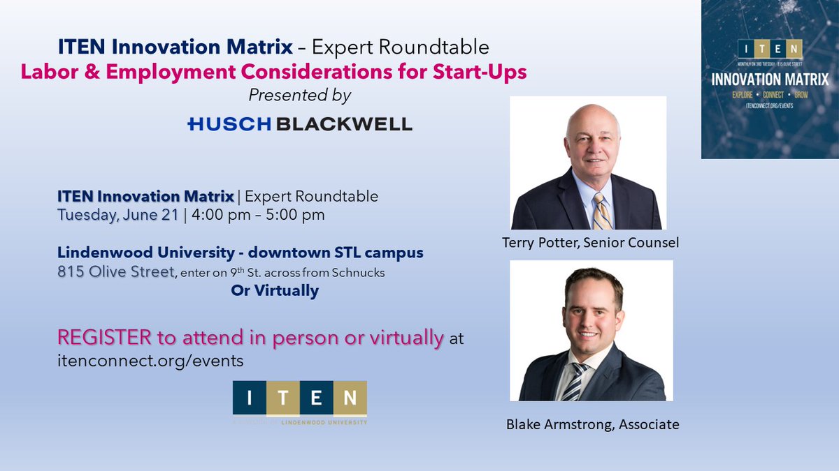 dureecenter_lu's tweet image. Missed the @itenstl  Roundtable last month at our #InnovationMatrix? We learned some top labor and employment mistakes made by early-stage companies #hiring #employees &amp;amp; how to avoid those mistakes. Thanks @HuschBlackwell for some great info! bit.ly/3u5BiTP