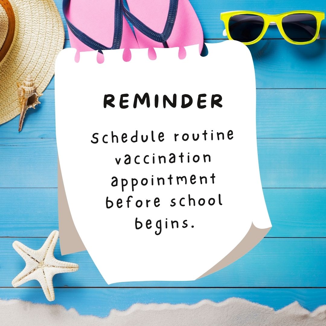 #Summer has officially begun! On top of vacations, soaking up the sun, and all the other fun activities, summer break is a great time to make sure your #Child is up to date on #RoutineVaccinations. Make an appointment with your child's doctor to discuss which vaccines they need.