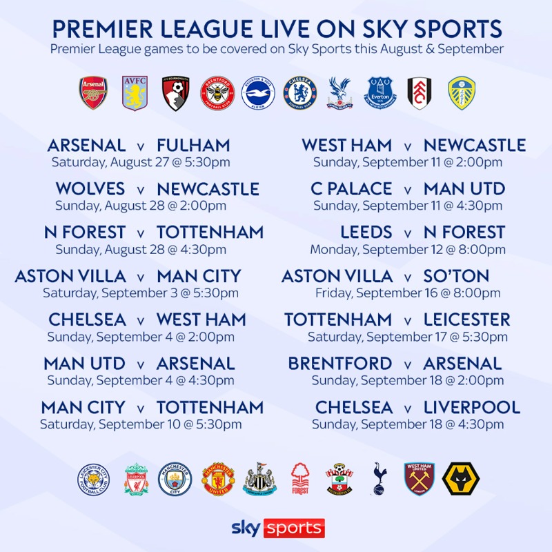 SkySportsPL's tweet photo. 2️⃣6️⃣ Premier League games live on Sky Sports throughout August and September! 🍿

- Chelsea v Tottenham ⚔️
- Man Utd v Liverpool 🔴
- Man Utd v Arsenal 👊