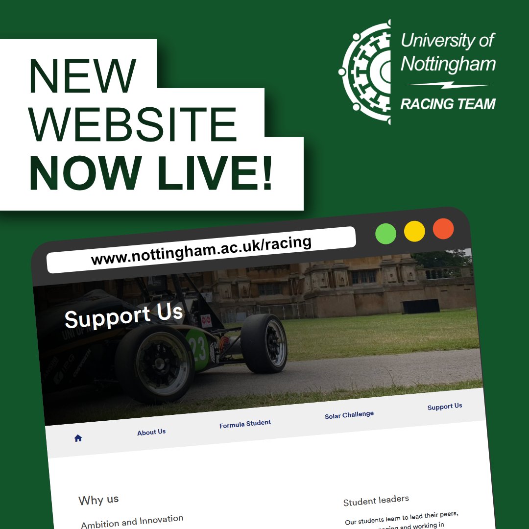 📣 Check out our shiny new website! 📣

Find out about our projects &amp; how you can join in: nottingham.ac.uk/racing 

PS: @uonfsracing are off to Silverstone tomorrow to compete in #FS2022 - follow us for updates! ⚡ 

#electricvehicles #racing  #websitelaunch  #weareuon