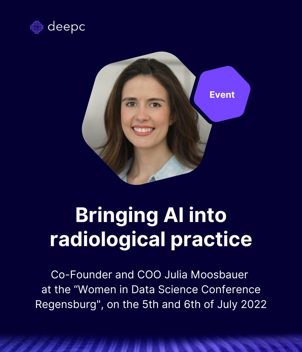deepchealth's tweet photo. 📣 Meet @deepchealth at the “Women in Data Science Conference Regensburg”, 5./6.7.2022, and discover the exciting work that is conducted by women in the field of #datascience.
Our COO Julia Moosbauer will talk about the opportunities and challenges of the use of AI in radiology🏥 https://t.co/3lxFcG7iKJ
