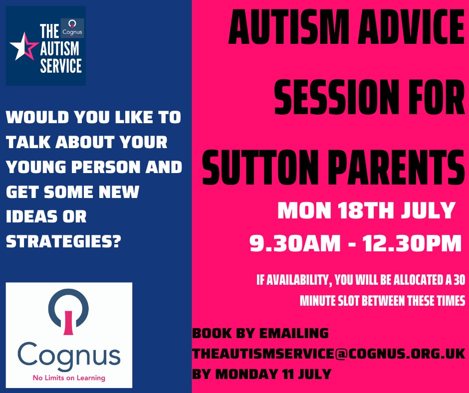 cognus_autism's tweet photo. Want some advice about your young person?  Or need some strategies to better support them?

Sign up for a slot on our autism advice session on 18th July - email theautismservice@cognus.org.uk https://t.co/ImZJhwkcA1