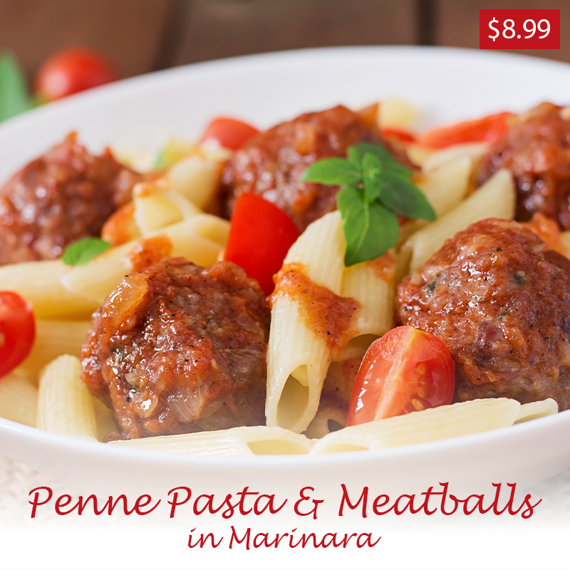 Penne Pasta & Meatballs in Marinara $8.99!  #dinner #mealstogo #meatballs #pasta #Georges