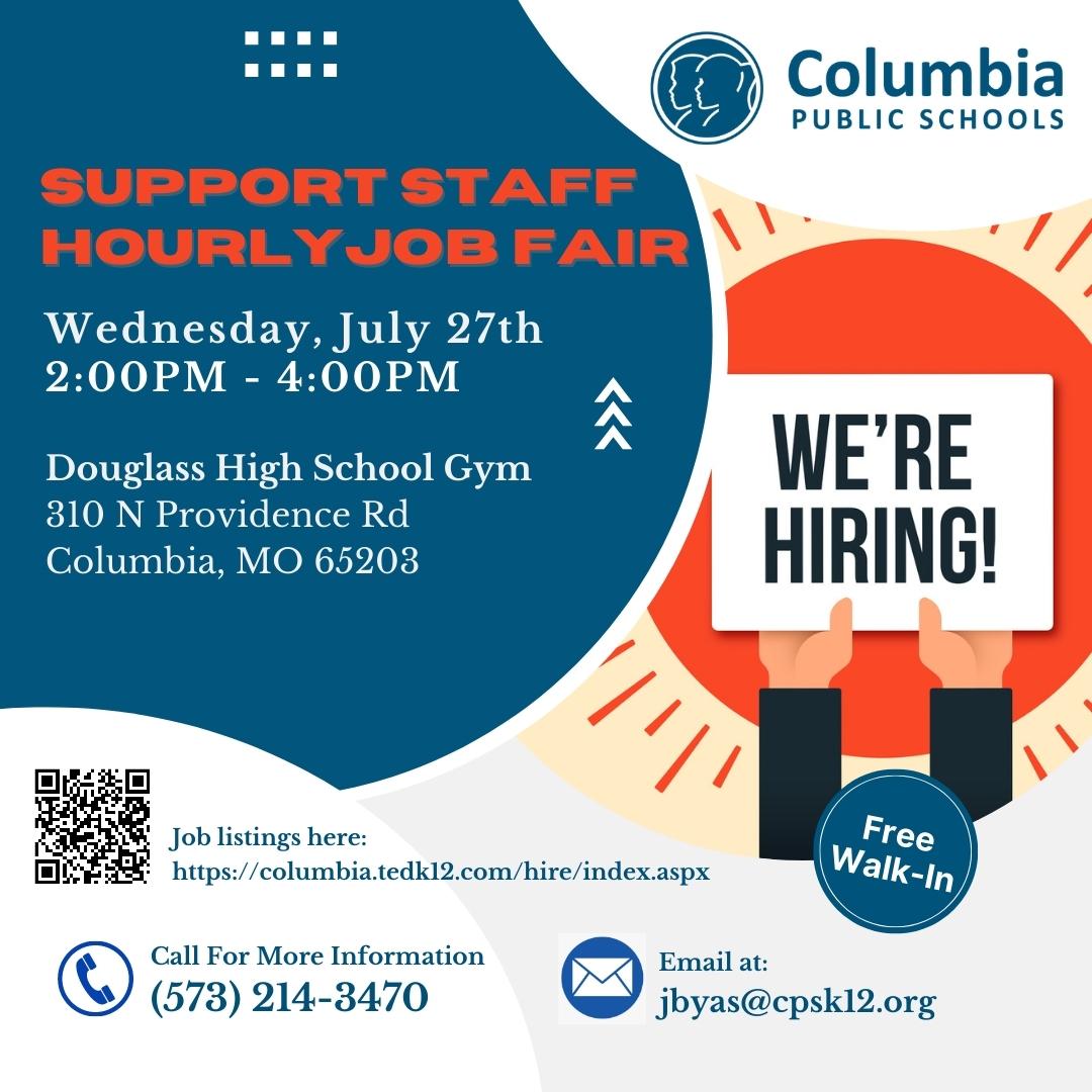 If you or someone you know is interested in working at some of our great buildings, plan on checking out our Support Staff Hourly Job Fair! Current openings can be found here: columbia.tedk12.com/hire/index.aspx #CPSBest #ScholarsFirst