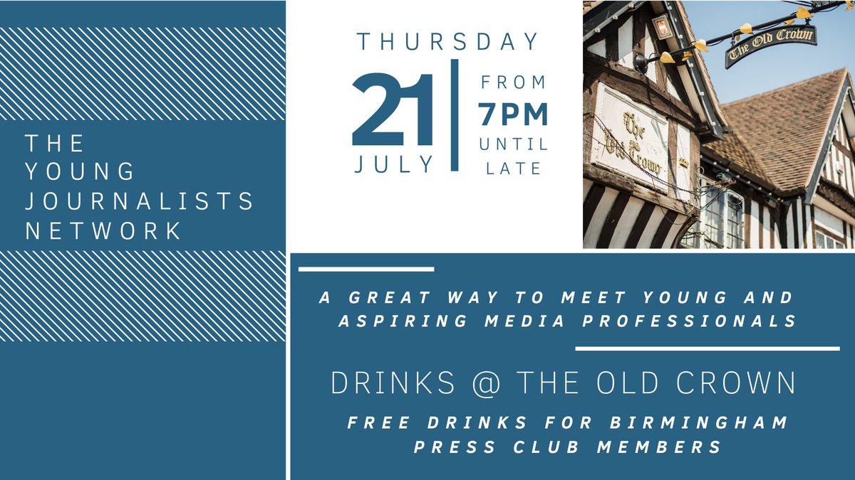 TYJNBrum's tweet image. @TYJNBrum returns to @oldcrownbham on Thursday 21st July. 

Come and network with young working media professionals and those wanting to get into the industry. 

@bhampressclub members get FREE DRINKS! 🍺