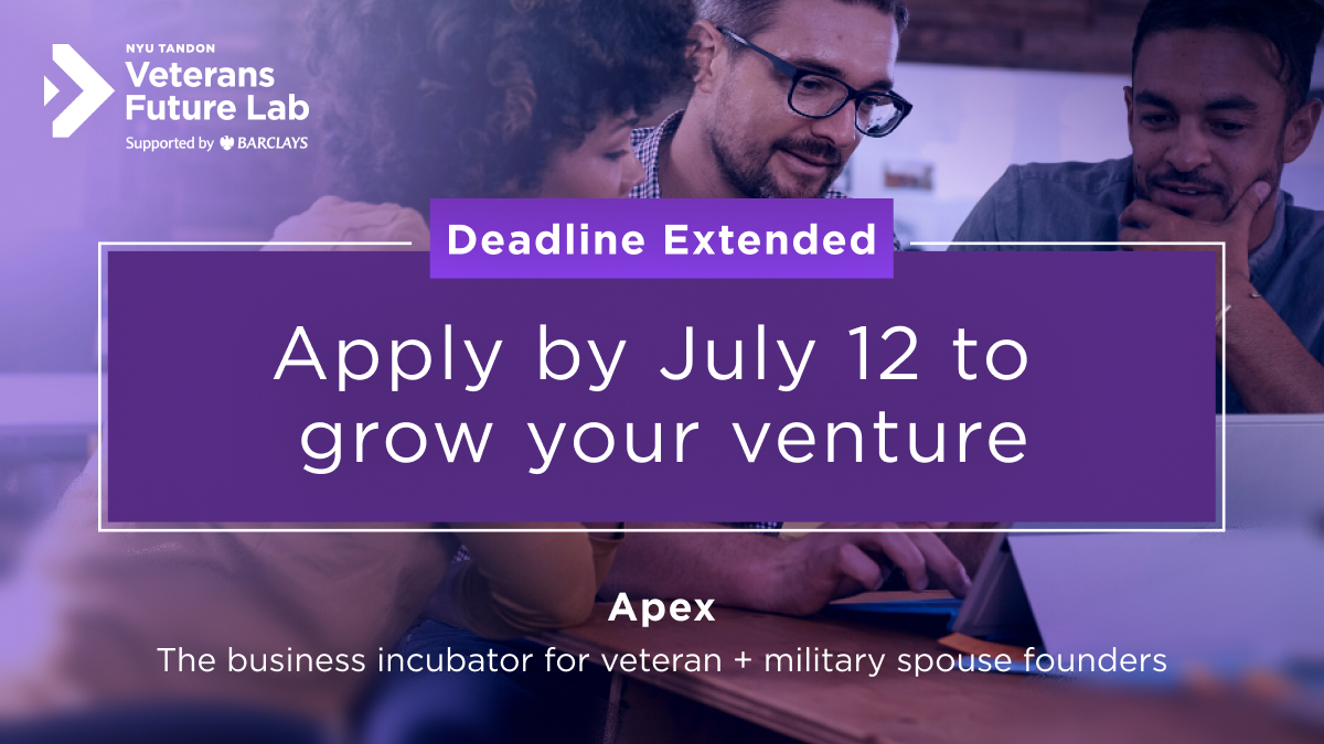 DEADLINE EXTENDED for #VFL's hybrid #Apex2023! #Veterans & #milspouses, grow your venture with access to @nyuniversity resources, exclusive desk space, benefits up to $200K, a network in a top city for veteran entrepreneurs, AND MORE. Apply by July 12 https://t.co/FeGbqVpNdP https://t.co/fjqTCRYH1a