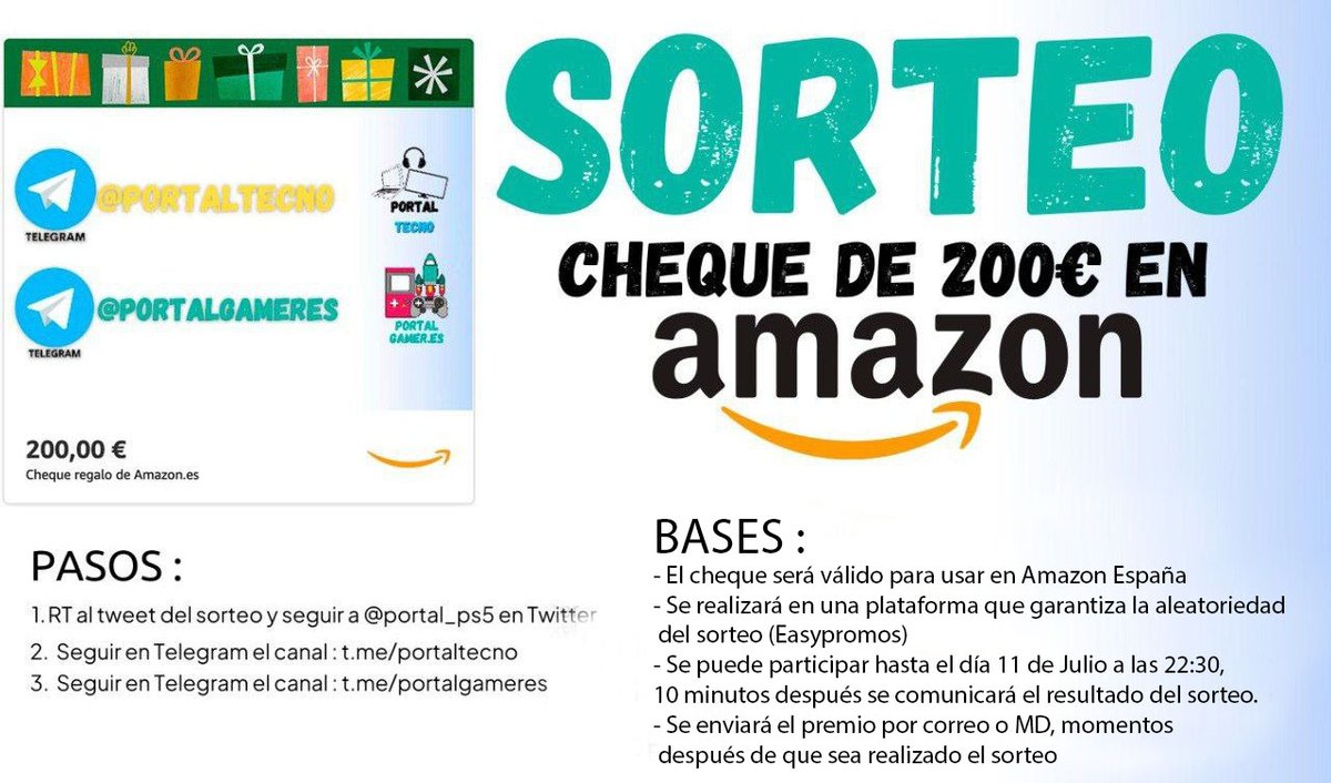 💥 Sorteamos un cheque de 200€ de Amazon 💥
🎉 Participa con estos 3 sencillos pasos :
1️⃣ 🔁RT a este Tuit y seguirnos
2️⃣ Sigue en Telegram nuestro canal de Ofertas de Videojuegos :
👉🏻t.me/portalgameres
3️⃣ Sigue nuestro canal de Tecnología :
👉🏻t.me/portaltecno