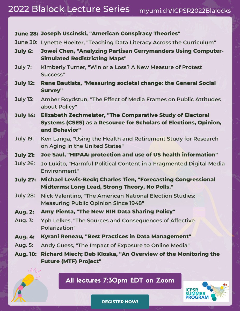 The 2022 Blalock Lecture Series is here! Free lectures on social science topics, open to the public, all on Zoom. Check out our full listing and register for your favorites: myumi.ch/ICPSR2022Blalo…