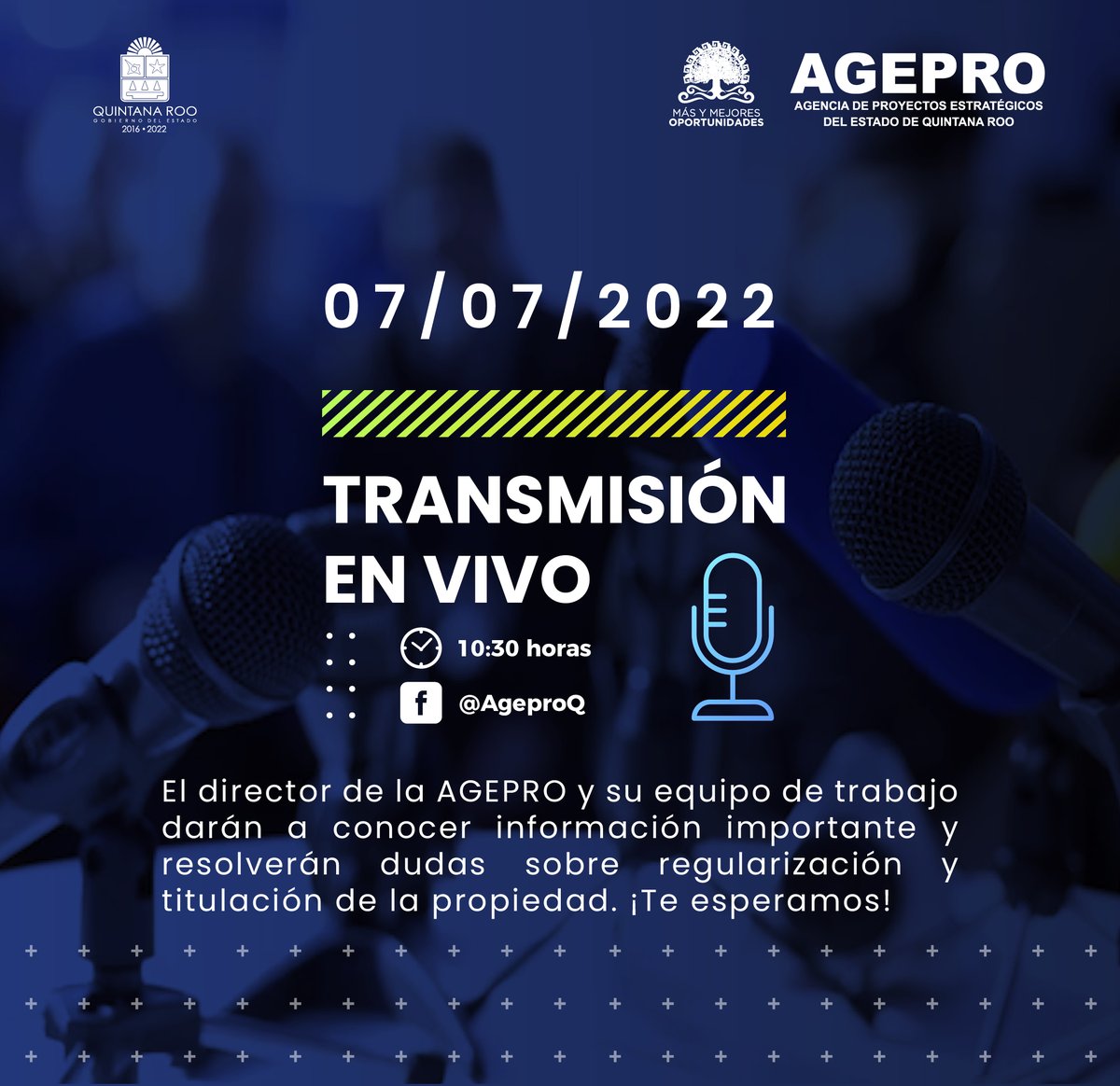 AgeproQ's tweet photo. #Invitación | El director de la AGEPRO y su equipo de trabajo darán a conocer información relevante y resolverán dudas sobre regularización y titulación de la propiedad. ¡Te esperamos!

🗓️ Jueves 07 de julio
⏰ 10:30 horas
📲 https://t.co/tGUC4CpT65 https://t.co/jiCpJq7PaY