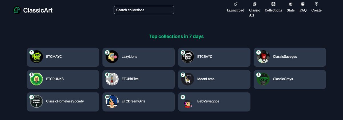 #ClassicArt has all of your favorite #ETC projects and many more additions to come soon! Have you checked us out yet? Buy, bid, create, sell.. etc.😎🚀

classicart.io/collections

#Marketplace #ETC #ETCARMY #ClassicArt #NFT #NFTs #NFTCommunity #nftart #nftcollector #NFTCollection