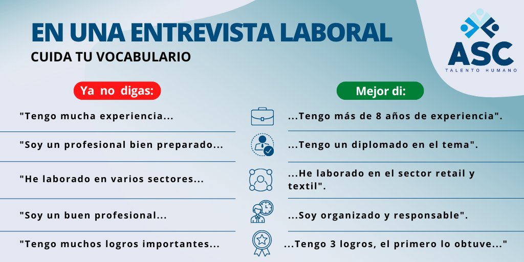 GRUPOASC_PERU's tweet photo. 💡 ¿CÓMO EXPRESARTE EN UNA ENTREVISTA DE TRABAJO?
#TipASC #TipLaboral #vocabulario #entrevistalaboral https://t.co/LwXSU3lJ7e
