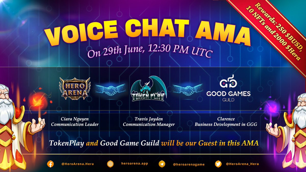 🎁AMA MINIGAME ANNOUNCEMENT!
✅We distributed the prize to all the winners. Please check your wallet NOW.

🥳 Thank you for your presence at the AMA between @goodgamesguild x Hero Arena x @Tokenplay2 TokenPlay. Congratulations to all the winners!