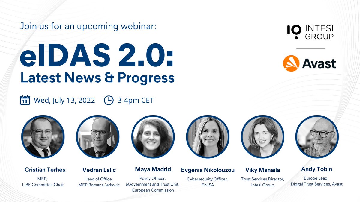 Have a question about eIDAS 2.0?

<a href="/Avast/">Avast</a> and @intesigroup are hosting a panel webinar with experts from across the public and private sectors to answer your questions and discuss the latest progress, opportunities, and hurdles facing #eIDAS2.

RSVP: intesigroup.com/en/eidas2/