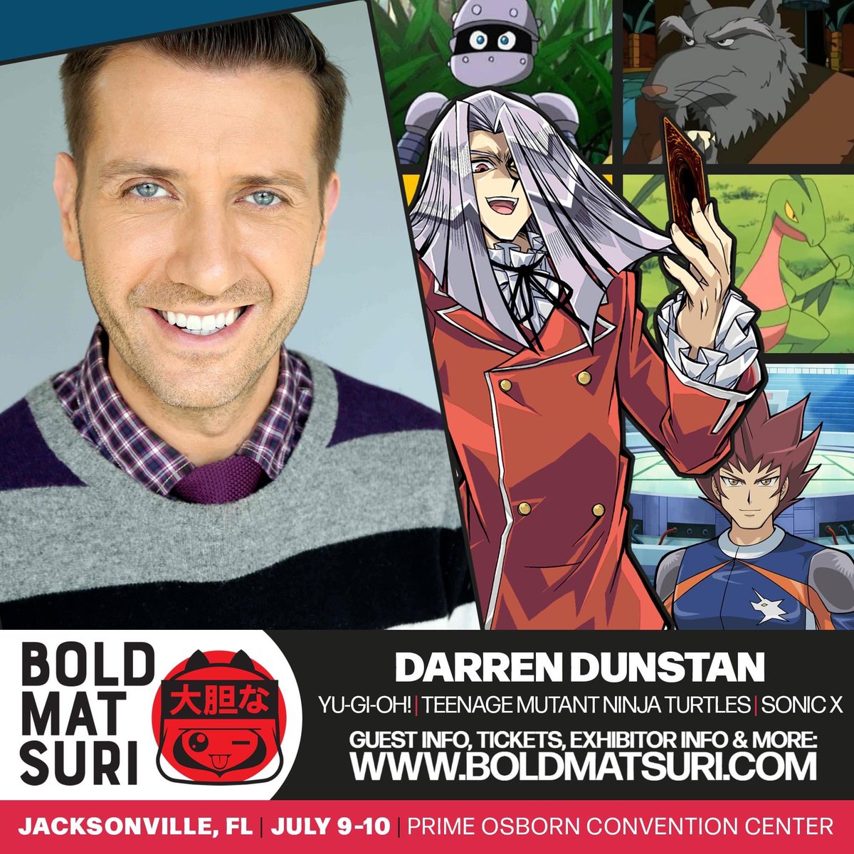 LevelUpVO's tweet image. Happening this weekend join @theDerickSnow @severelylindsay #DanGreen and #DarrenDunstan for @BoldMatsuri. #BlackClover #MyHeroAcademia #YuGiOh