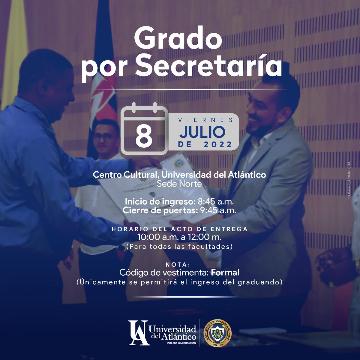 udeatlantico's tweet photo. 🎓👨🏻🎓👩🏽🎓 | #GradosUA por Secretaría
La entrega de títulos profesionales por secretaría para nuestros estudiantes, que han culminado sus estudios académicos, será este viernes 8 de julio. ¡Los esperamos el Centro Cultural de la universidad! https://t.co/oYDNidhqfC