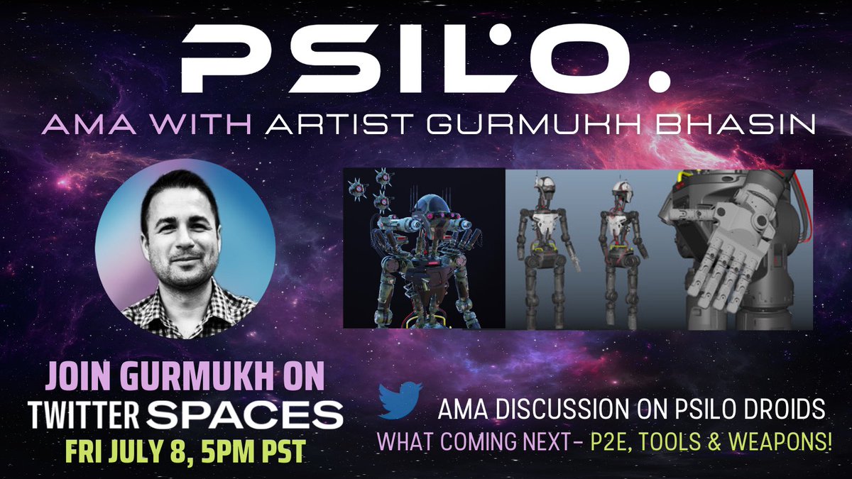 PlayPsilo's tweet photo. Join us for our Artist AMA w @GurmukhBassin this Friday - July 8th at 5 PM PST 
https://t.co/90Ew9t6kUW 
#PSILO #PSILONFT #web3 #nftart #digitalart #nftcommunity #nftcollector #opensea #psilofam #nftcollector #whypsilo https://t.co/pJYEELnJPN