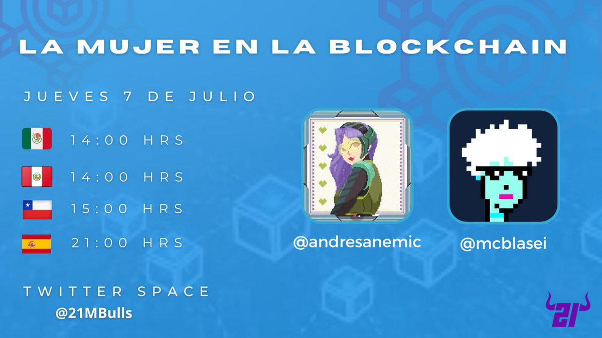 21MBulls's tweet photo. Este Jueves tendremos la participación de @andresanemic y @mcblasei en un space donde hablaremos sobre el papel de la mujer en la blockchain,les esperamos. #blockchain #Bitcoin #21MBulls #NFT https://t.co/lfD5q8W3pt
