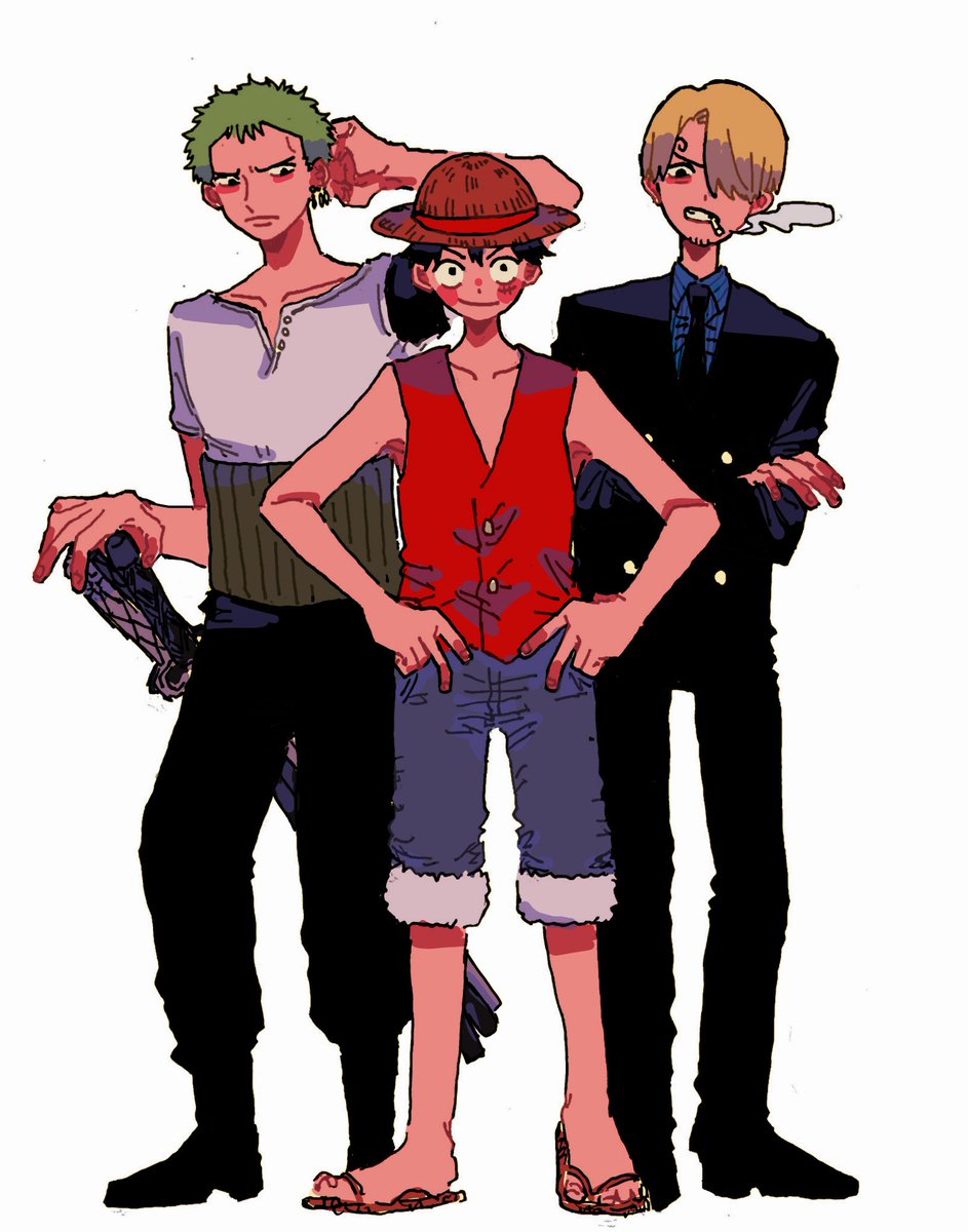 monkey d. luffy ,roronoa zoro ,sanji (one piece) 3boys male focus blonde hair green hair multiple boys cigarette hat  illustration images