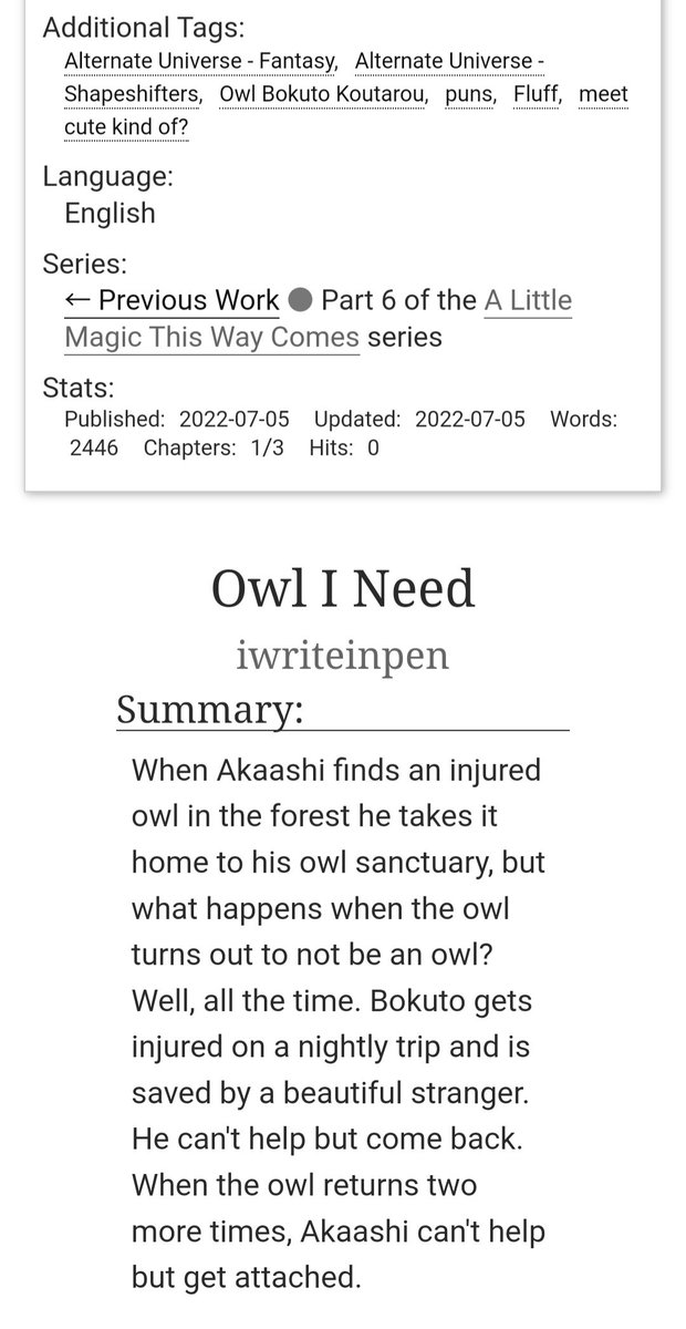 My piece for <a href="/hqfantasybb/">HQ!! Fantasy Big Bang</a> is here! Hope you like it🦉
<a href="/SleepingAll_Day/">Seven</a> made some adorable art for it so go check that out! 🥰
Also thanks to @miintysky for betaing and to both for having so much patience with me ❤
archiveofourown.org/works/40098543…